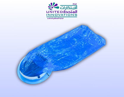 Single blue emesis bag fully opened with wide mouth ring, ready for use