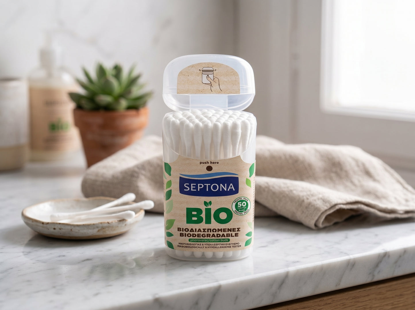 Septona Biodegradable Cotton Buds Pop-Up Travel Pack 50 pieces